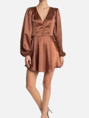 Tinsel Satin Long Sleeve Mini Dress Sz XS Button Detail